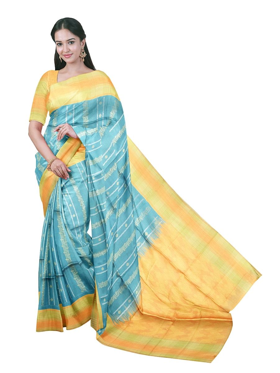 Gracecharm Art Dupion Floral Stripe Butta Checked Border Ogee Pallu Saree