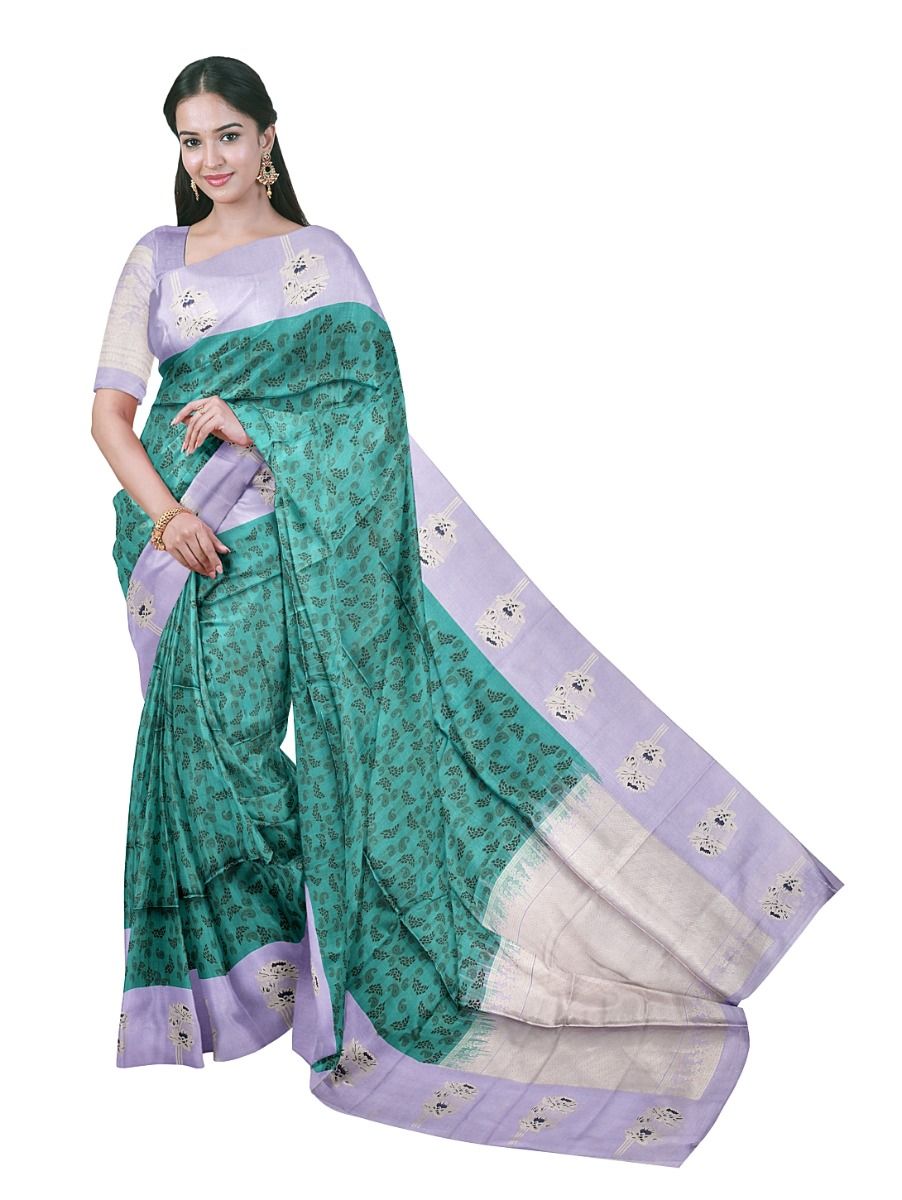Gracecharm Art Dupion Paisley Leaf Jaal Bouquet Border Silver Pallu Saree