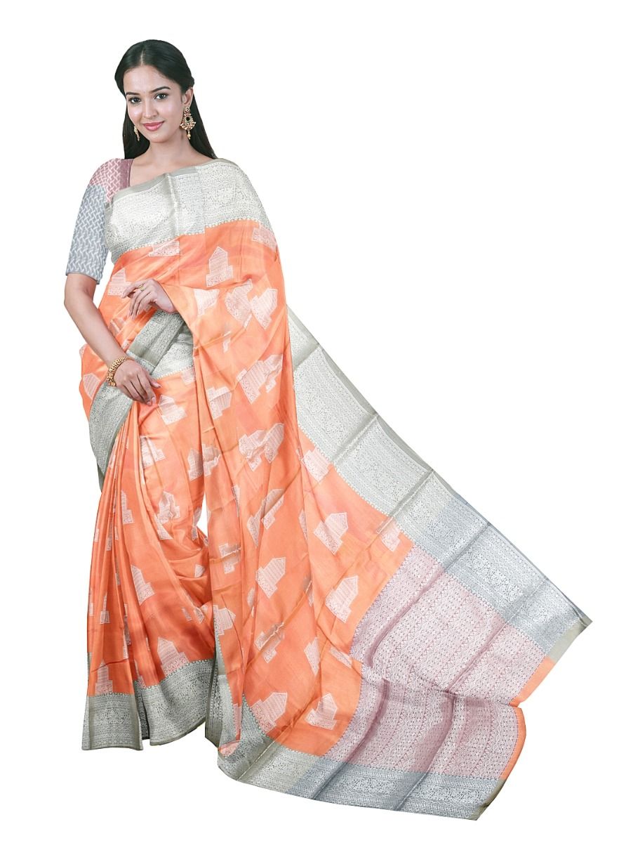 Gracecharm Fancy Semi Tissue Gopuram Butta Geometric Chevron-Diamond Pallu Saree