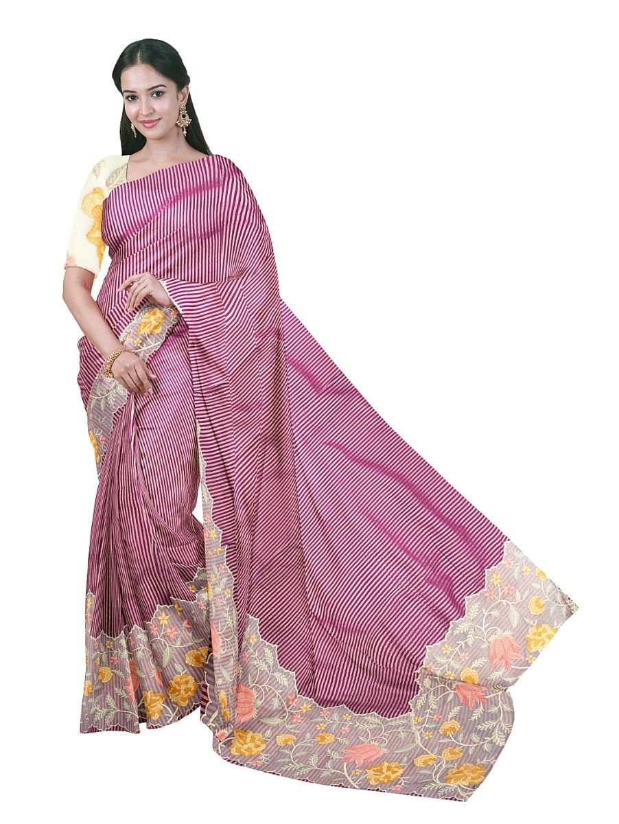 Gracecharm Semi Dupion Pinstripe Multicolour Floral Scallop Border Saree