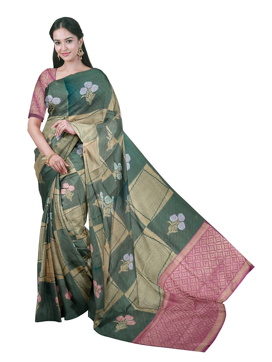 Gracecharm Kota Tussar Floral Spray Check Petal Lattice Pallu Saree