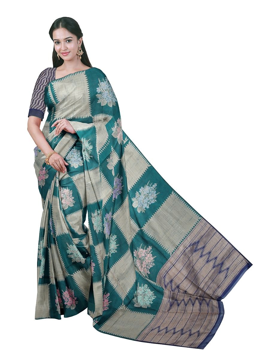 Gracecharm Kota Tussar Floral Bouquet Check Serrated Zigzag Pallu Saree