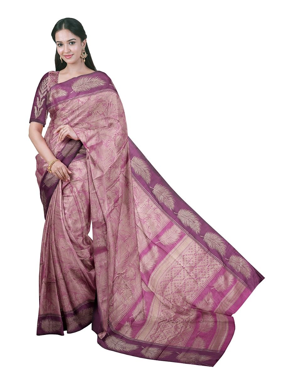 Gracecharm Kota Tussar Leaf Jaal Feather Border Trellis Pallu Saree