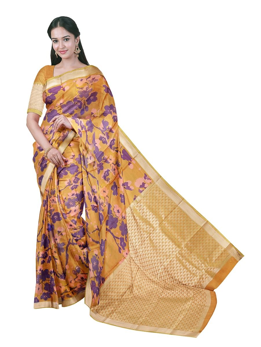 Gracecharm Art Soft Silk Cherry Blossom Floral Print Border Saree