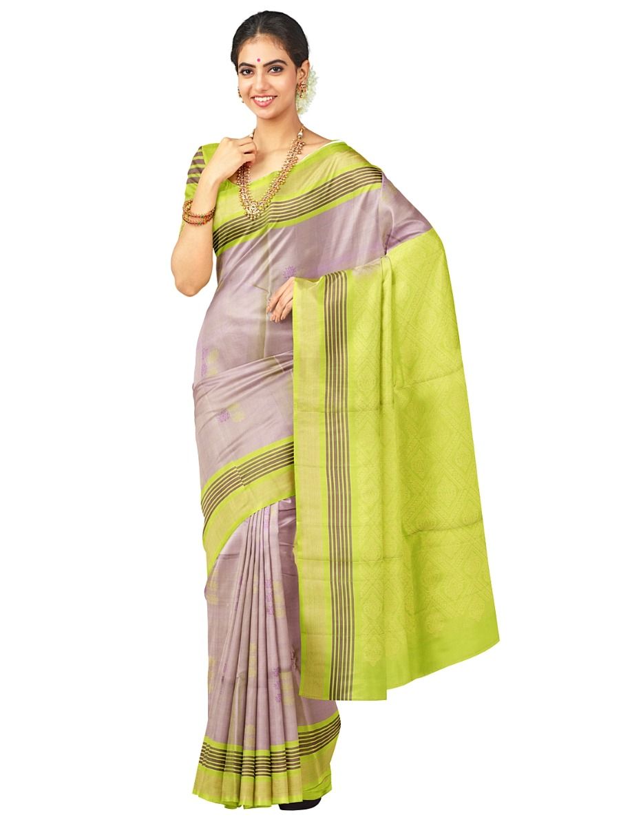 Kanmanie Pure Soft Silk Lotus Butta with 5-Inch Zari Border Saree