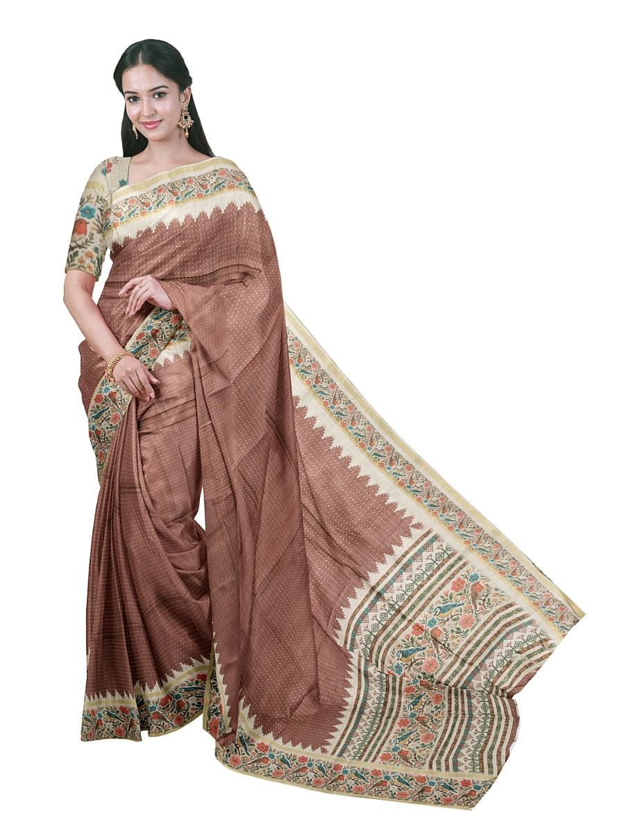 Gracecharm Semi Linen Micro Dotted Stripe with Bird Floral Pallu Saree
