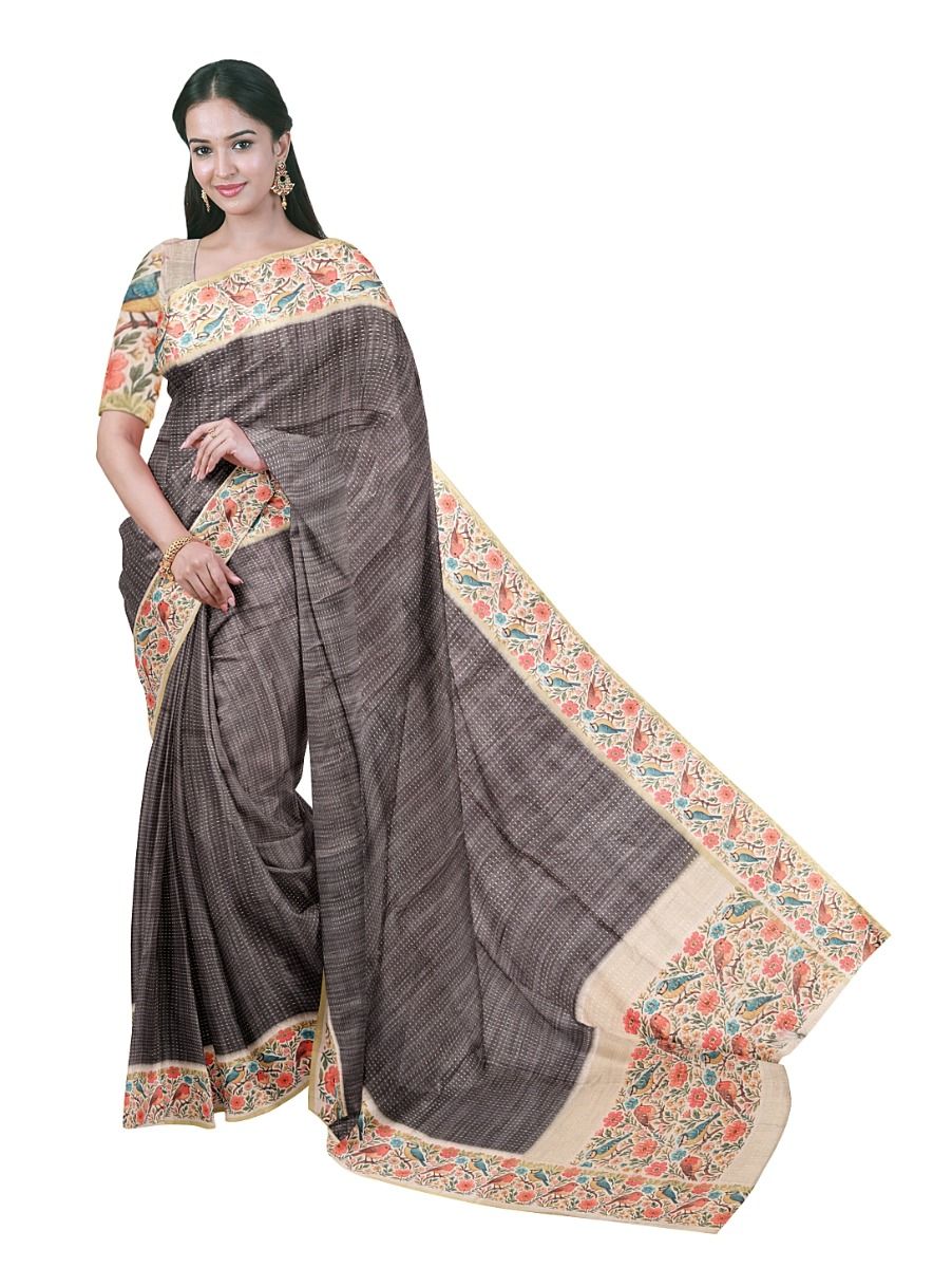 Gracecharm Semi Linen Micro Dotted Stripe with Bird Floral Pallu Saree