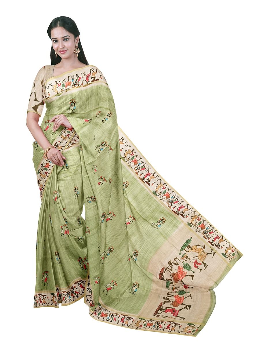 Gracecharm Semi Linen Warli Butta with Tribal Procession Pallu Saree