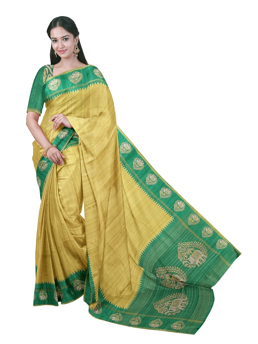 Gracecharm Semi Linen Stripe with Floral Leaf Elephant Medallion Saree