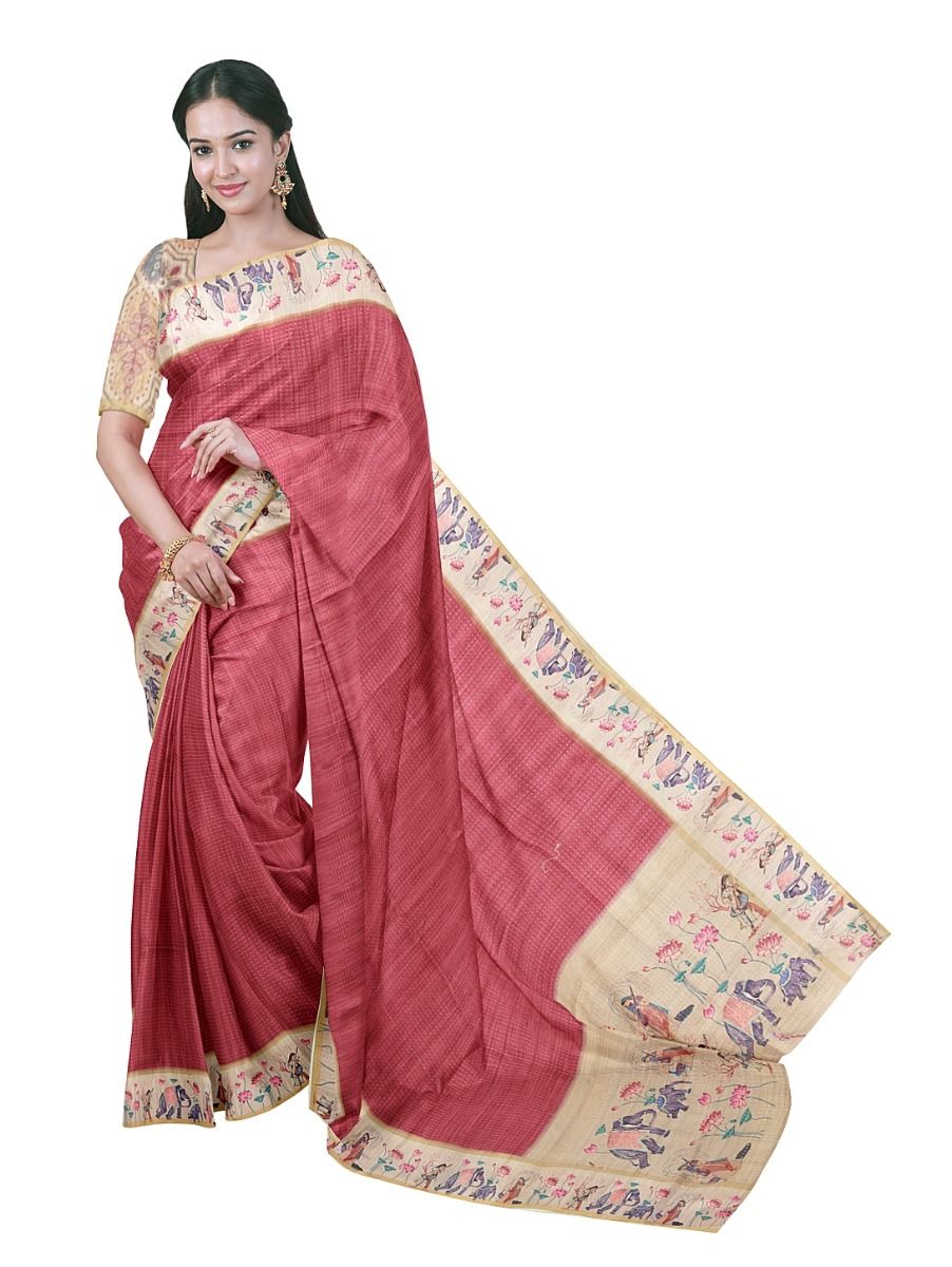 Gracecharm Semi Linen Stripe with Elephant Lotus Pictorial Pallu Saree