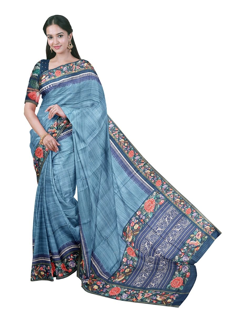 Gracecharm Semi Linen Stripe with Bird Floral Geometric Pallu Saree