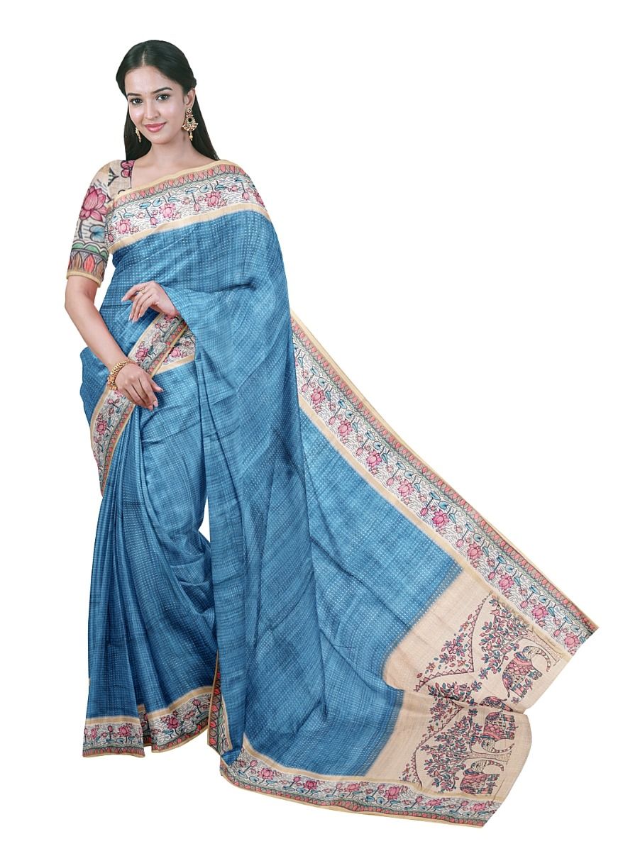 Gracecharm Semi Linen Stripe with Elephant Tree Pictorial Pallu Saree