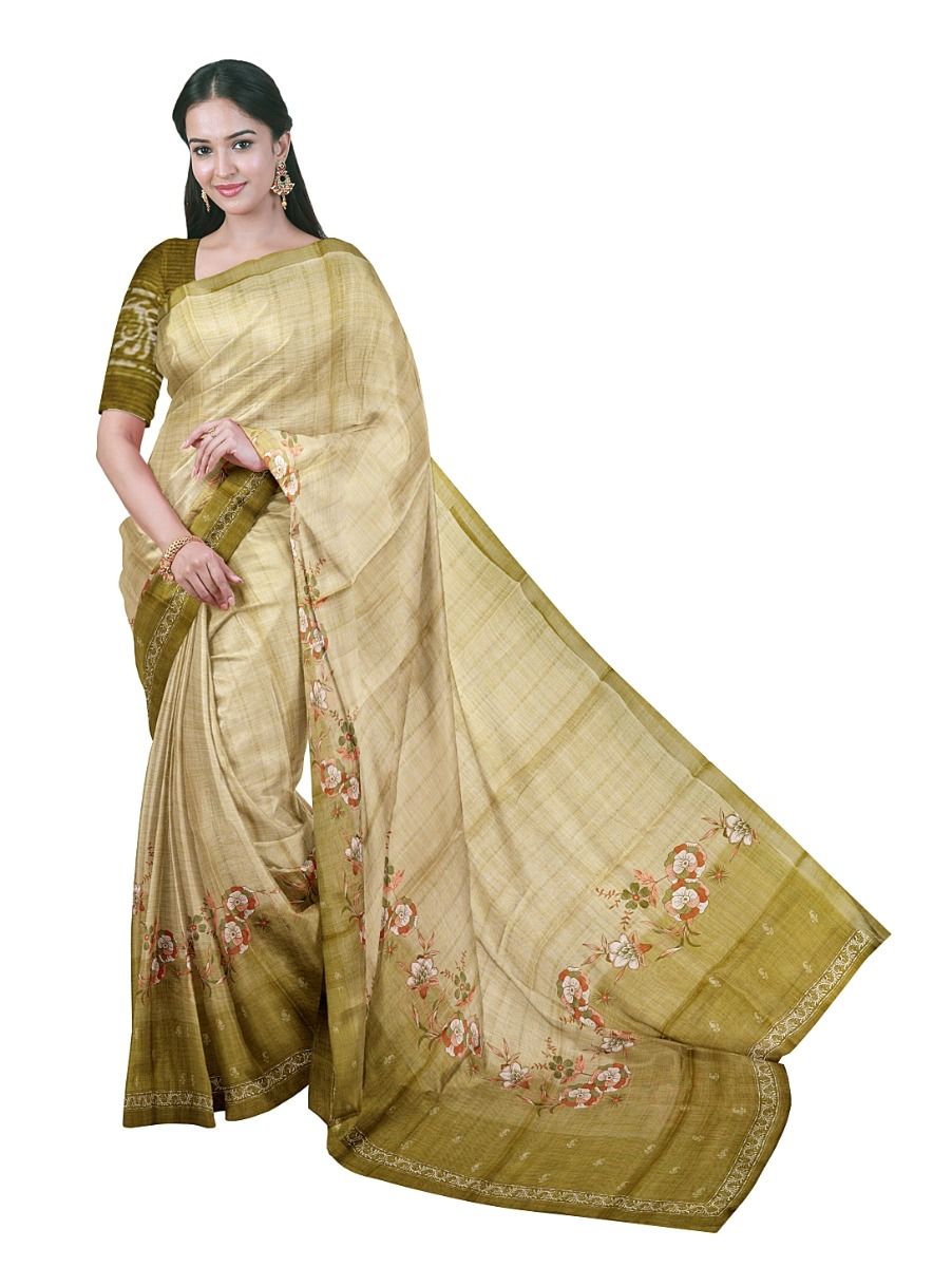 Gracecharm Semi Tussar L-Shaped Floral Vine Paisley Border Printed Saree