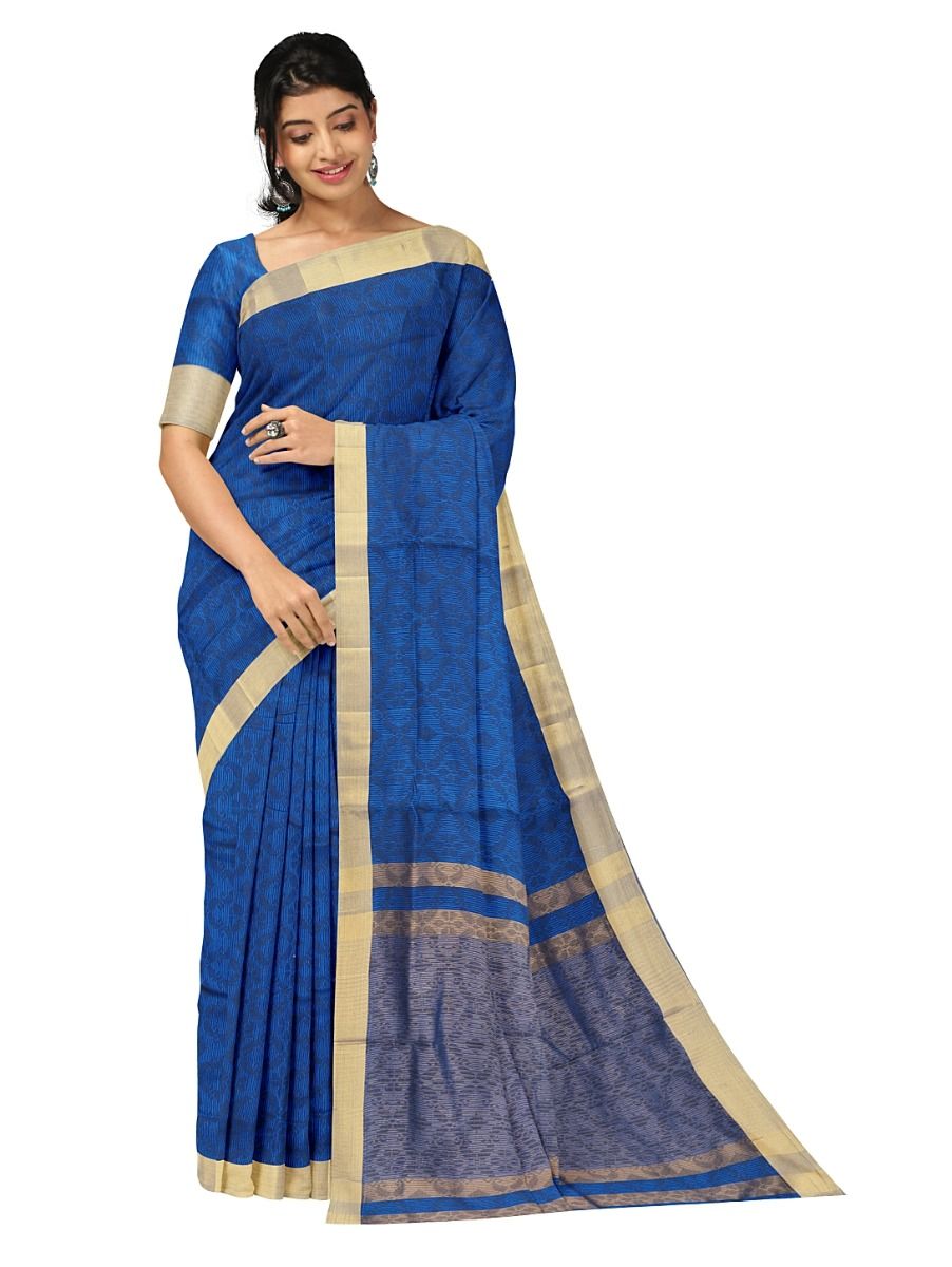 Gracecharm Semi Jute Geometric Floral Lattice with Stripe Panel Pallu Saree