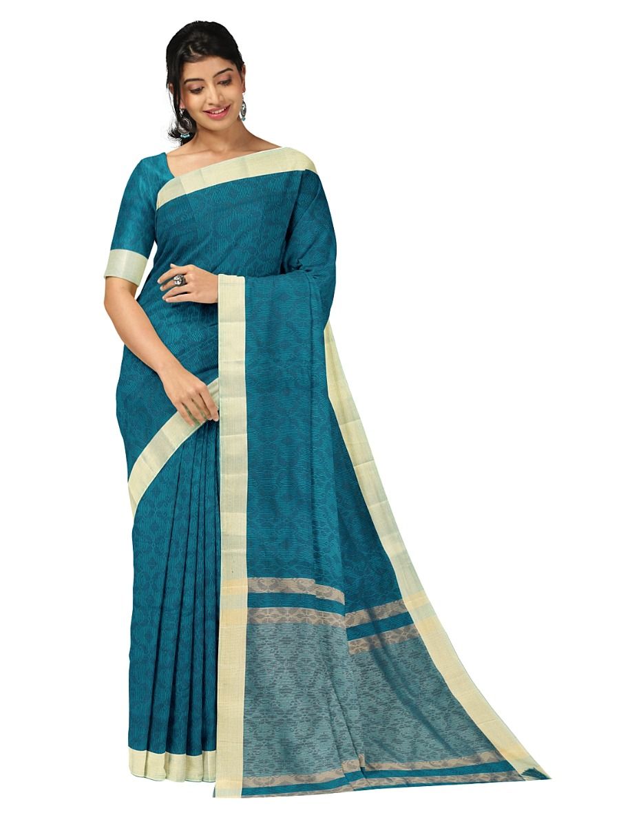 Gracecharm Semi Jute Geometric Floral Lattice with Stripe Panel Pallu Saree