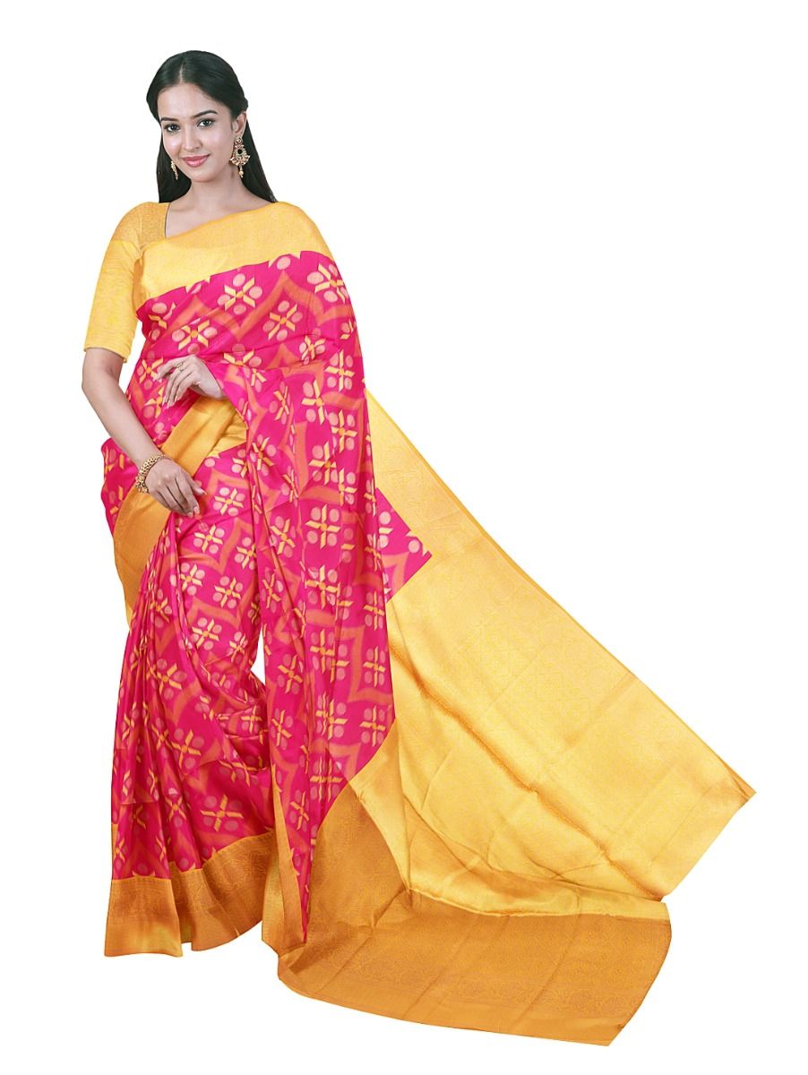 Gracecharm Semi Dupion Floral Star Chevron Interlocking Leaf Pallu Saree