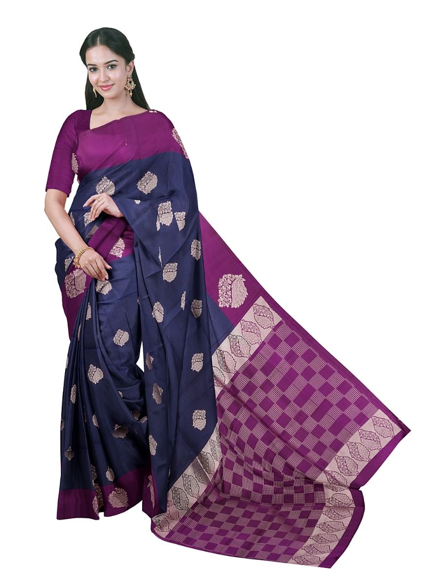 Gracecharm Art Soft Silk Floral Leaf Butta with Geometric Check Brocade Pallu Saree