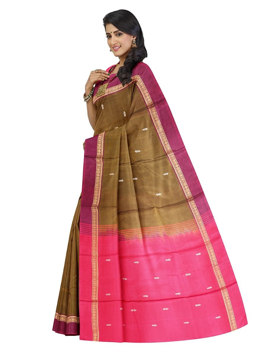 Kanmanie Vazhainaar Pattu Olive Brown Rani Pink Butta Saree