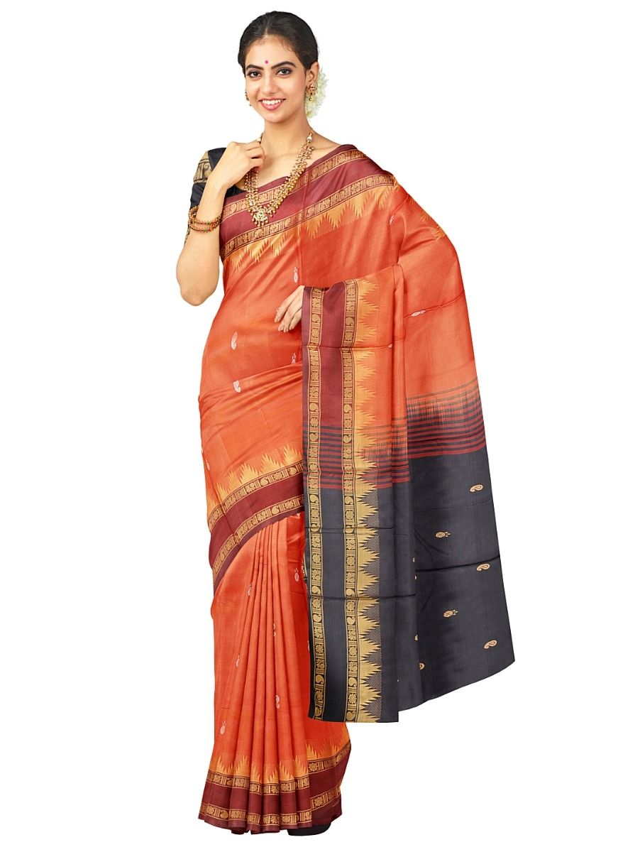 Kanmanie Vazhainaar Pattu Coral Orange Black Paisley Saree