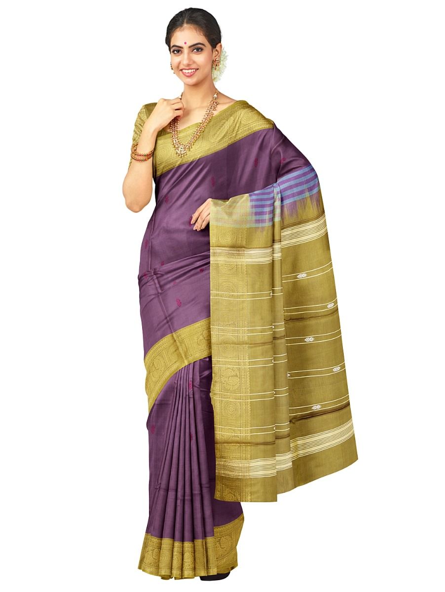 Kanmanie Vazhainaar Pattu Plum Purple Antique Gold Butta Saree