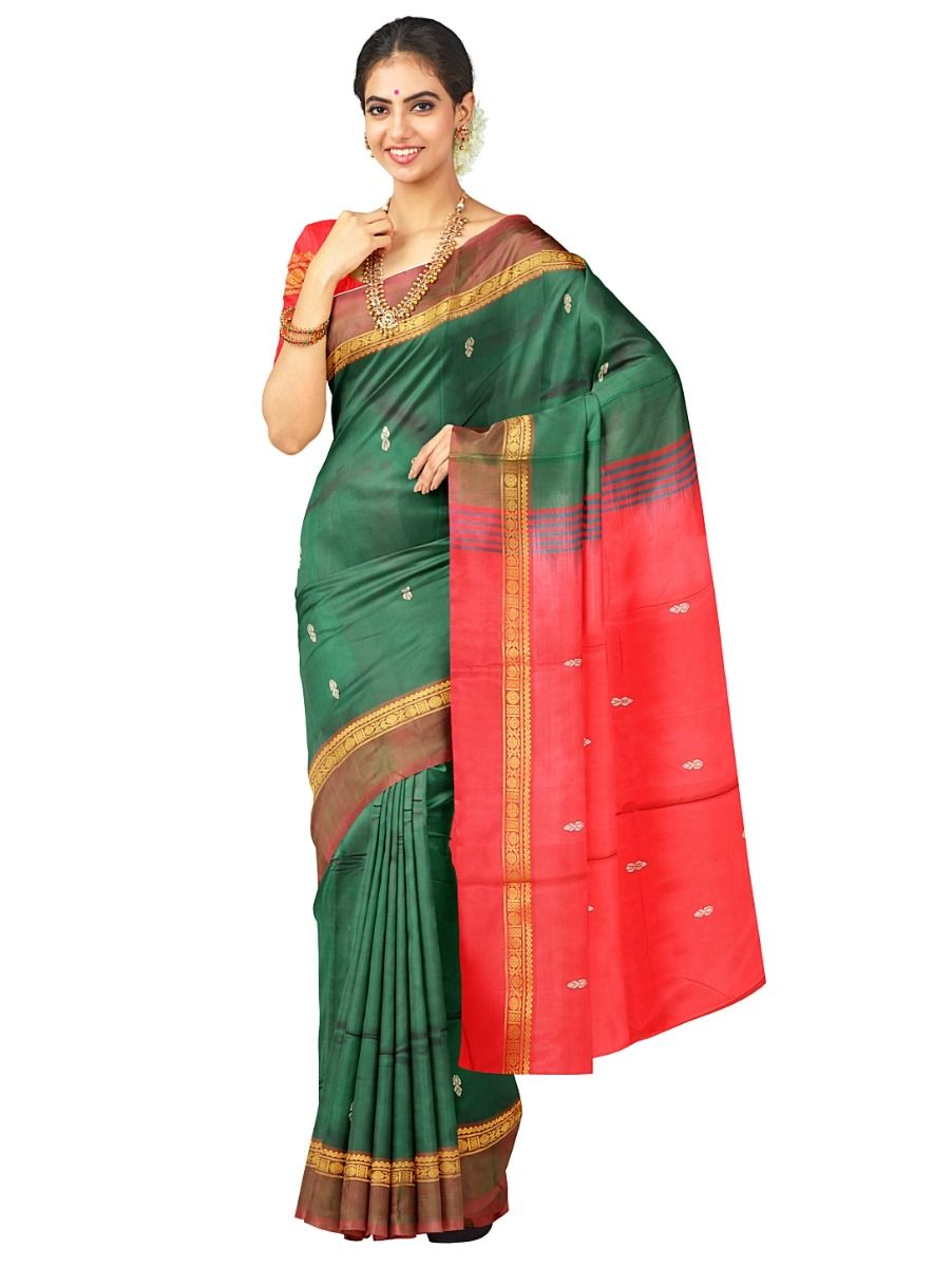 Kanmanie Vazhainaar Pattu Emerald Green Coral Red Butta Saree