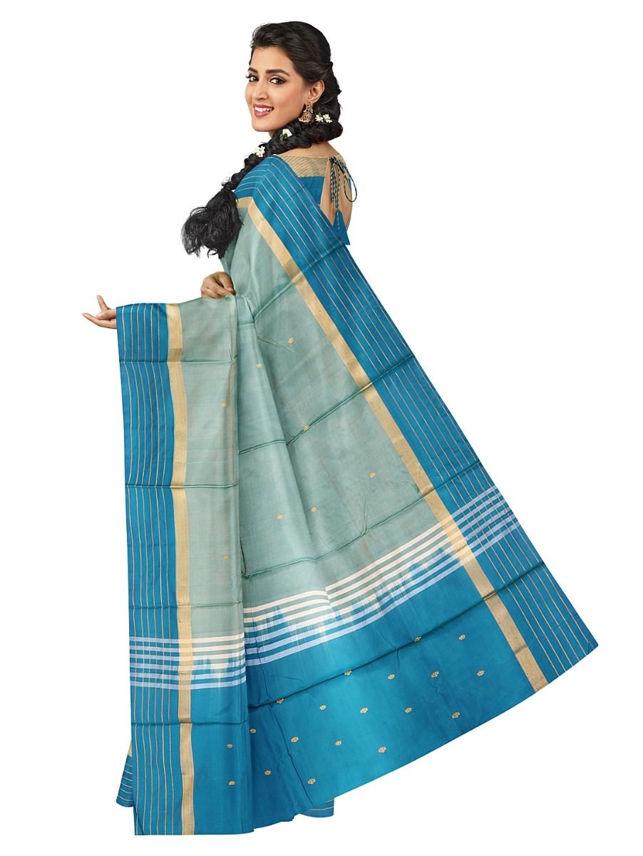 Kanmanie Vazhainaar Pattu Mint Aqua Teal Butta Striped Saree