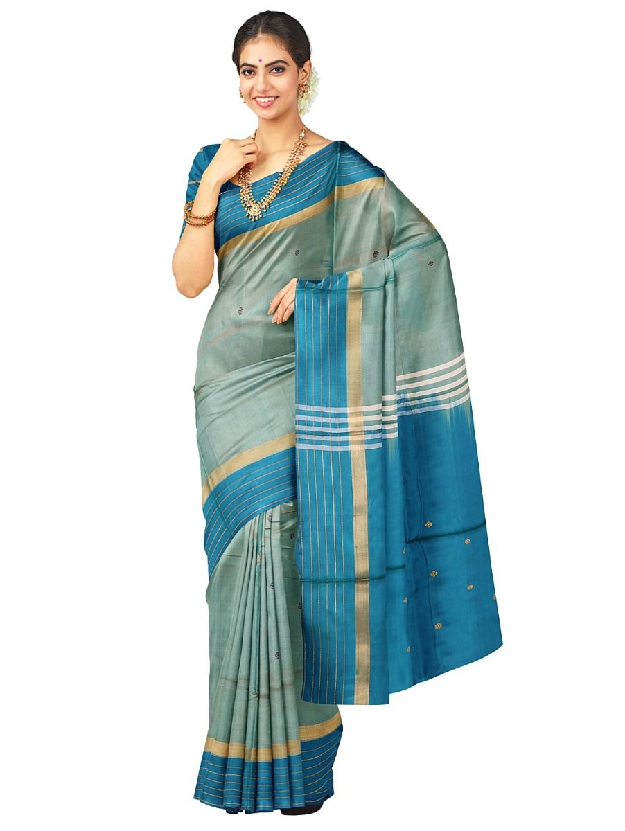 Kanmanie Vazhainaar Pattu Aqua Teal Butta Striped Saree