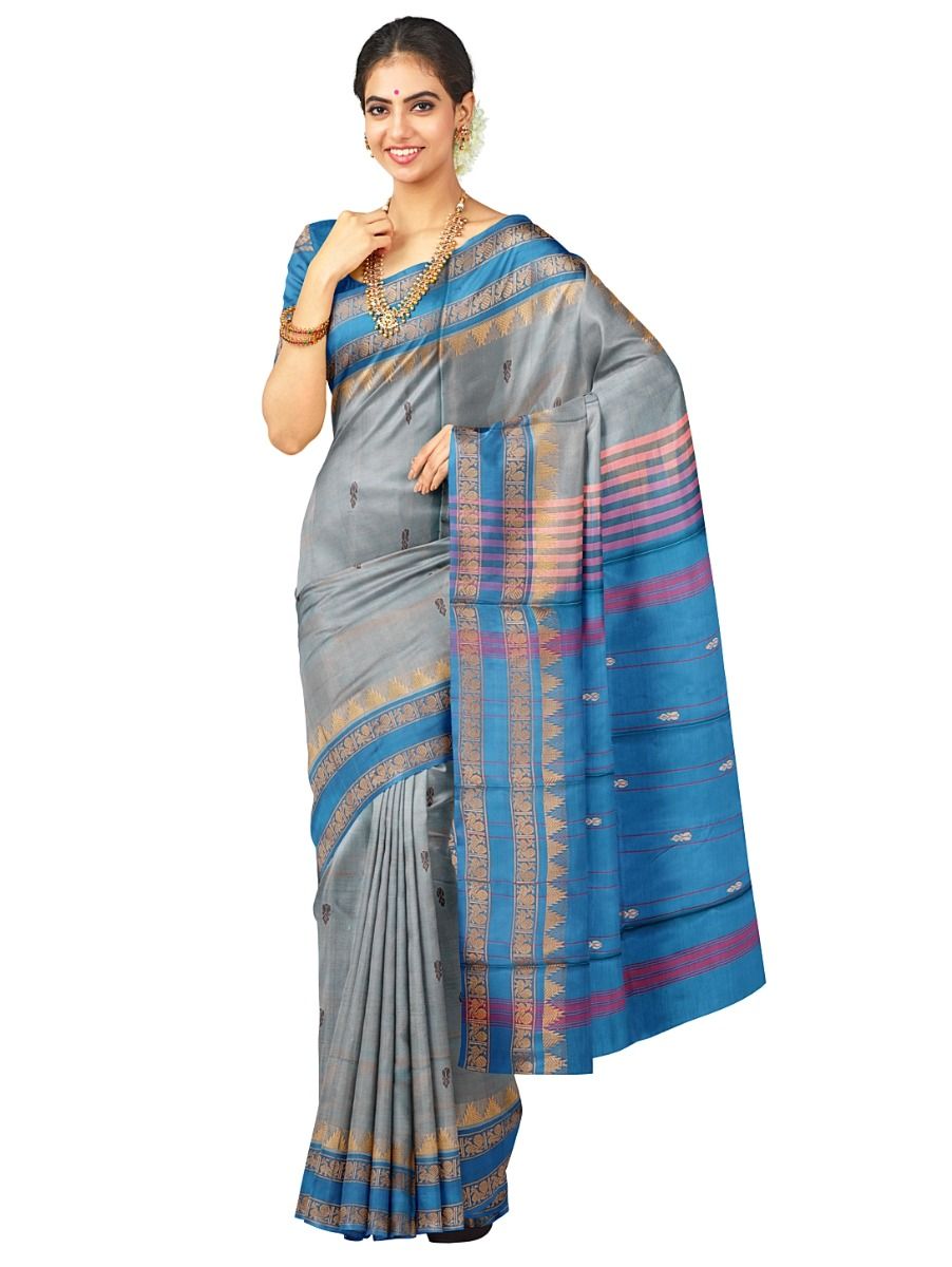 Kanmanie Vazhainaar Pattu Floral Butta Contrast Zari Border Saree