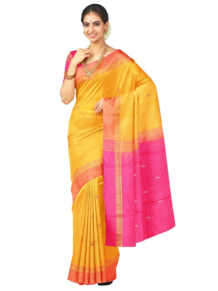 Kanmanie Vazhainaar Pattu Mustard Yellow Pink Butta Pallu Saree