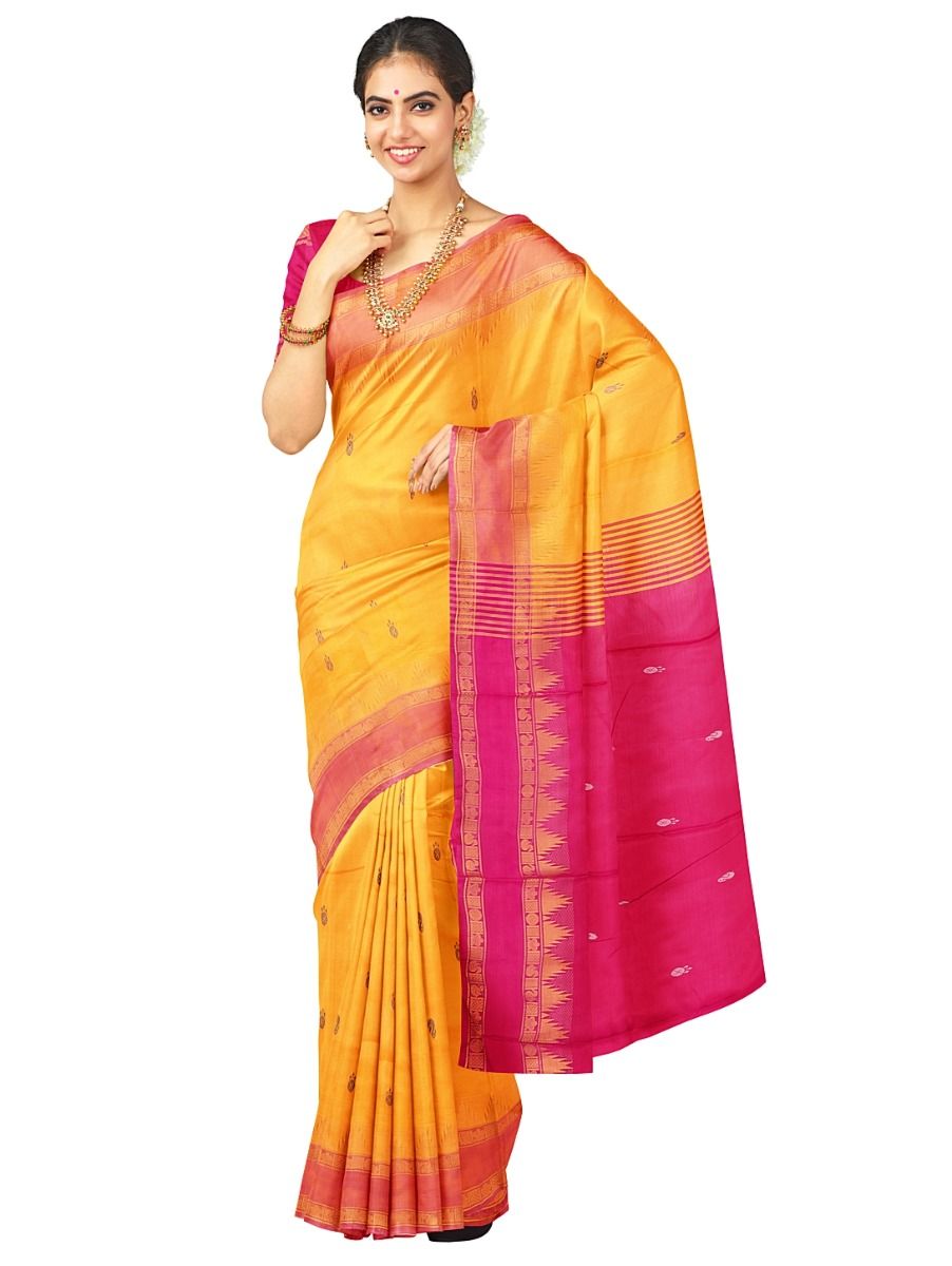 Kanmanie Vazhainaar Pattu Mango Yellow Rani Pink Butta Saree