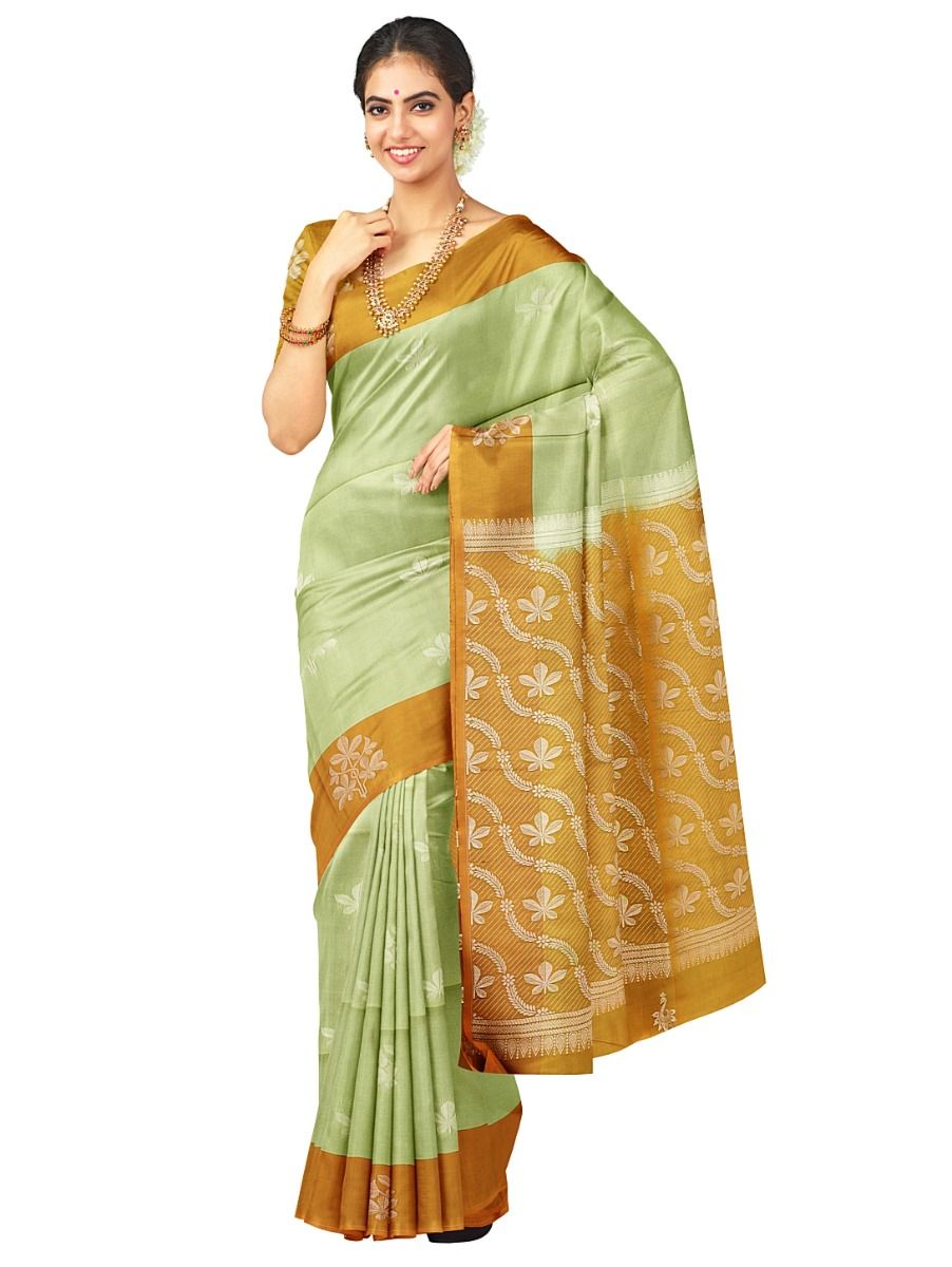 Kanmanie Softy Silk Pista Floral Butta Mustard Pallu Saree