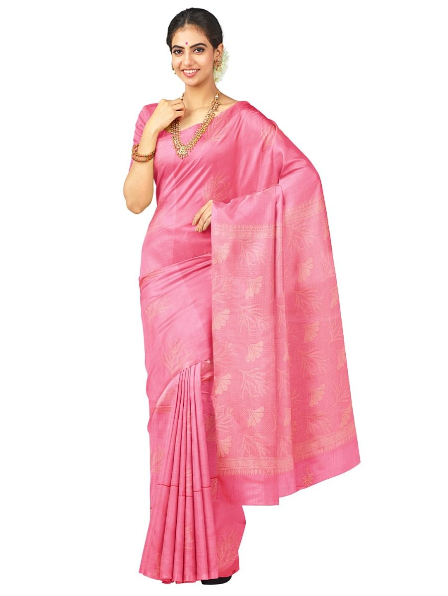 Kanmanie Softy Silk Rose Pink Floral Zari Jaal Pallu Saree