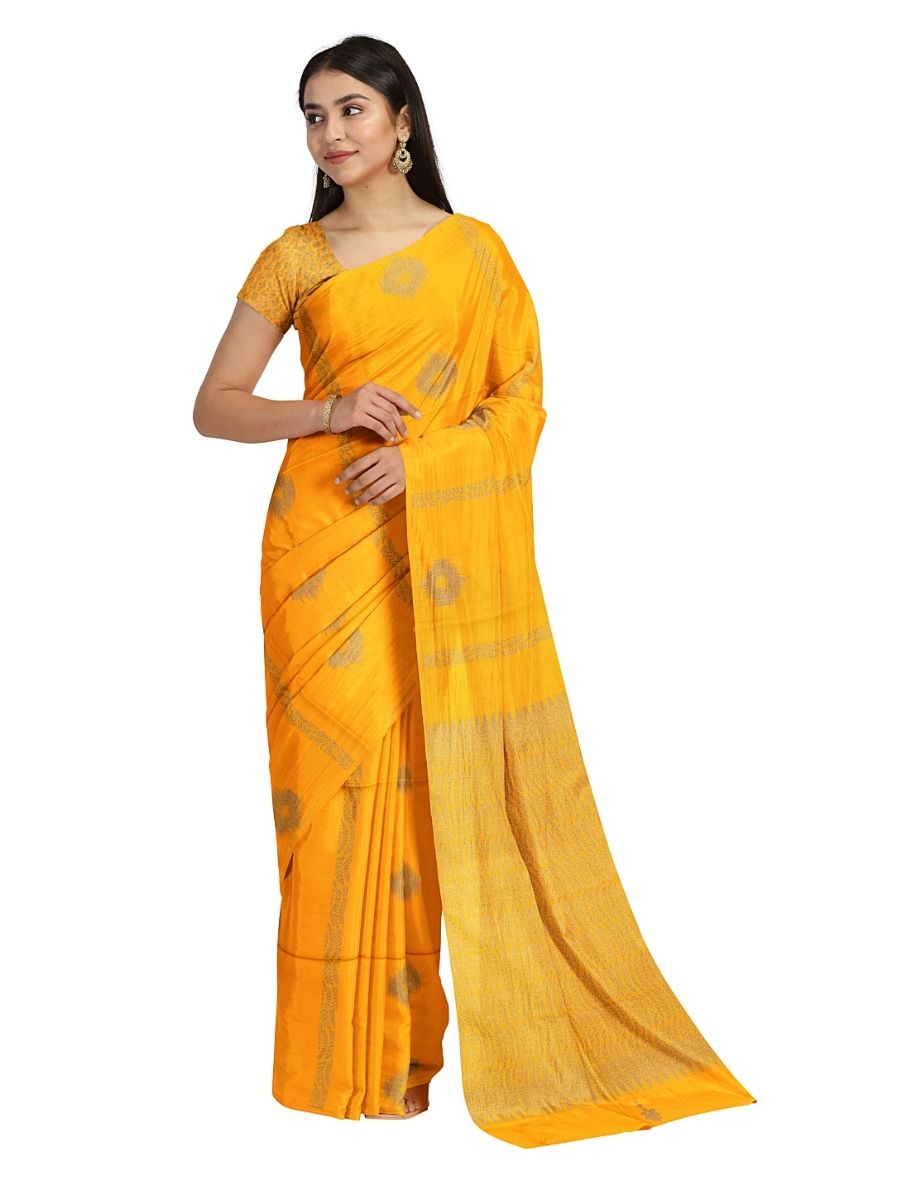 Kanmanie Softy Silk Marigold Yellow Diamond Butta Zari Pallu Saree