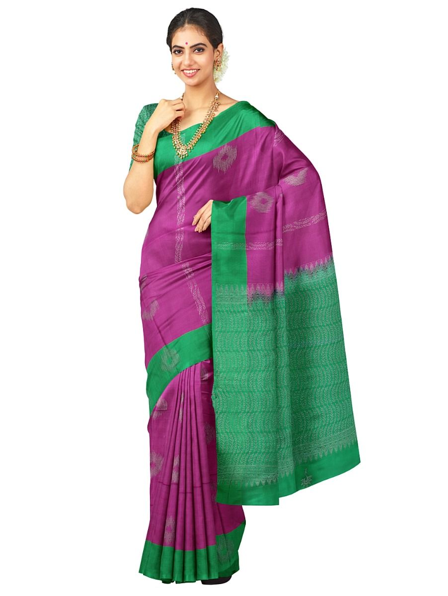 Kanmanie Softy Silk Magenta Diamond Butta Emerald Pallu Saree