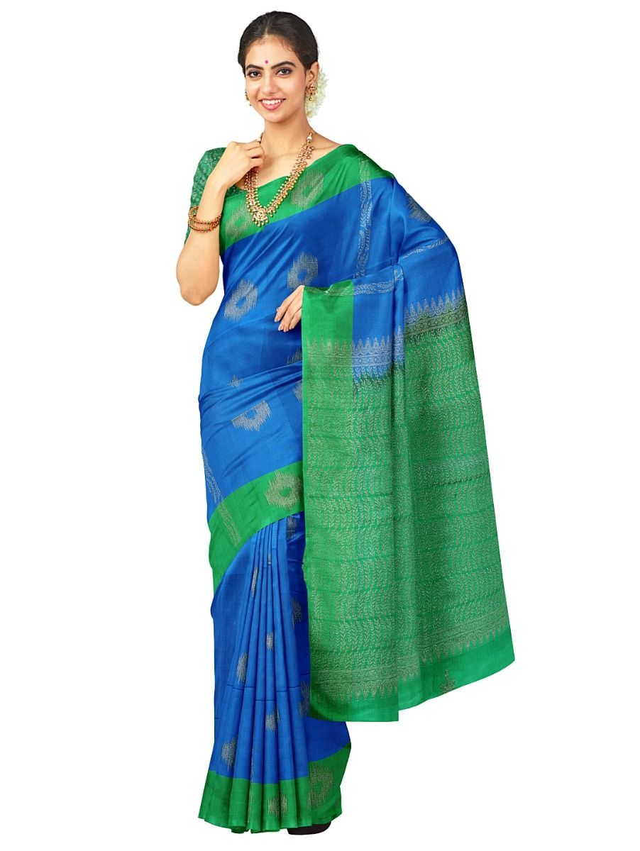 Kanmanie Softy Silk Royal Blue Diamond Butta Green Pallu Saree