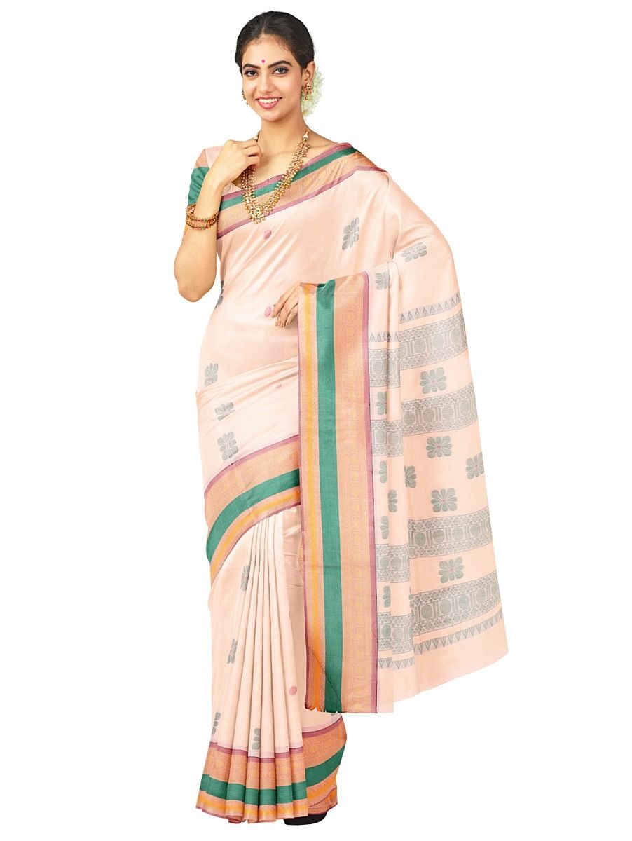 Kanmanie Cotton Floral Butta with Geometric Stripe Pallu Saree