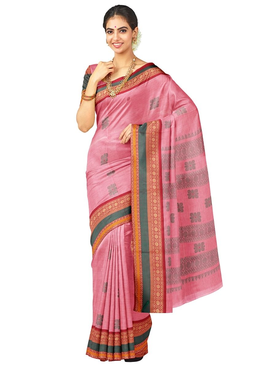 Kanmanie Cotton Floral Butta with Floral Stripe Pallu Kanchi Border Saree