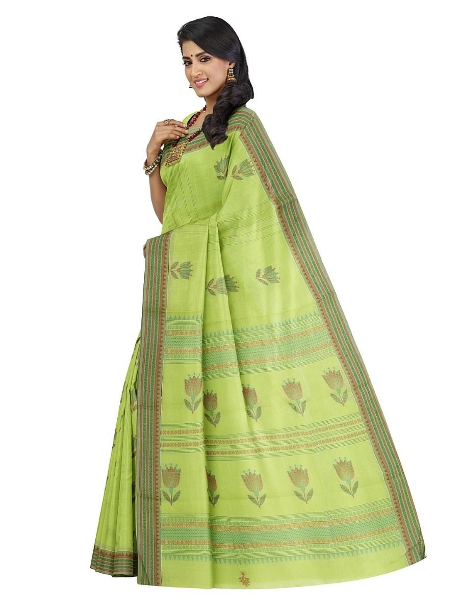Kanmanie Cotton Floral Bud Butta with Geometric Stripe Pallu Saree