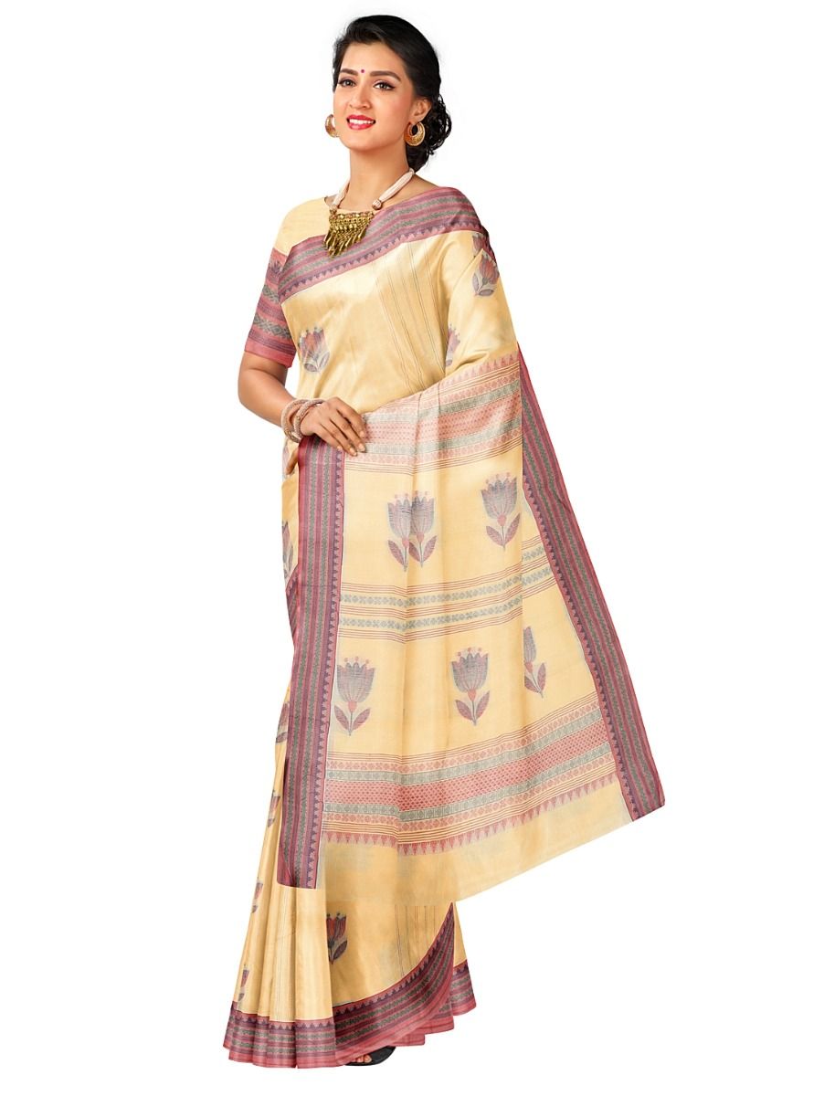 Kanmanie Cotton Floral Butta Geometric Stripe Pallu 3 Inch Jacquard Border Saree