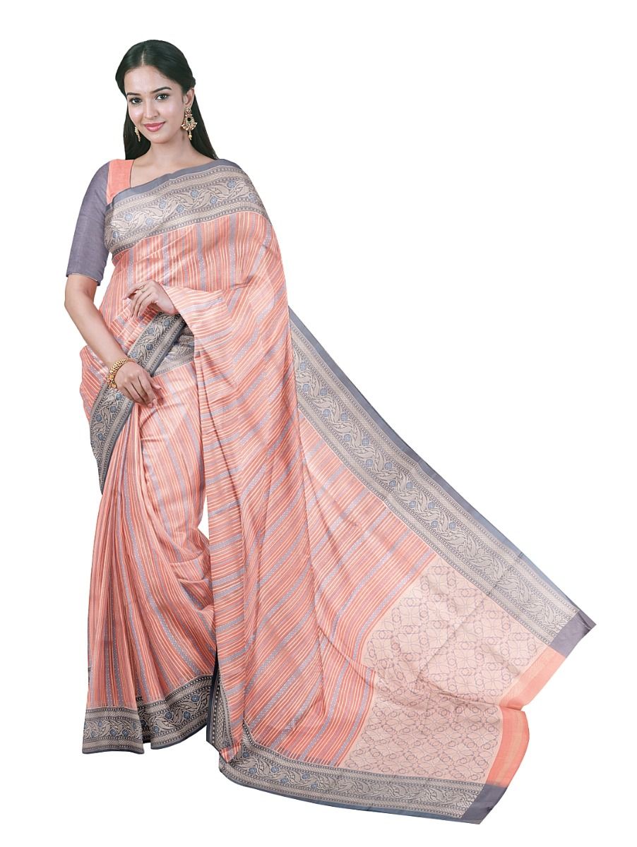 Banarasi Katan Silk Peach Pink Striped Floral Lattice Pallu Saree