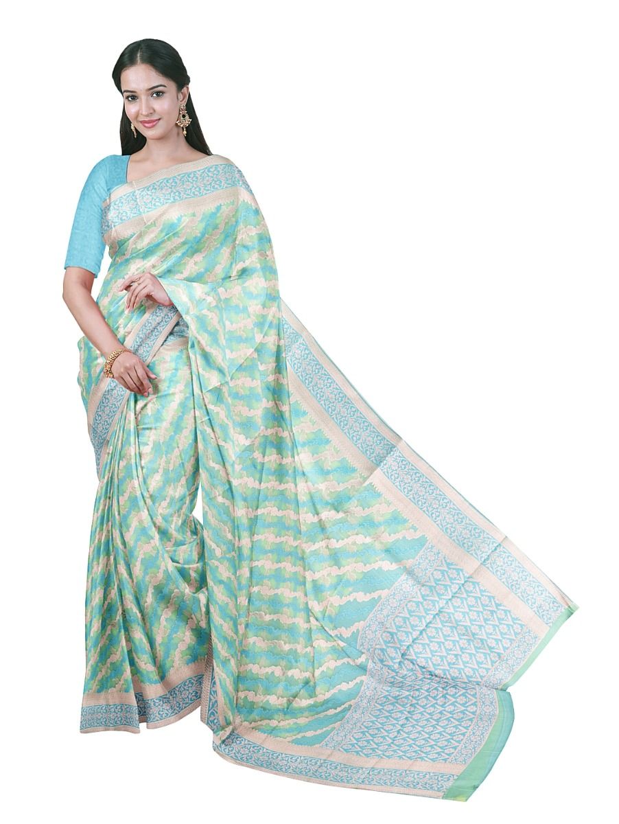 Banarasi Katan Silk Diagonal Wavy Striped Geometric Floral Buta Pallu Saree