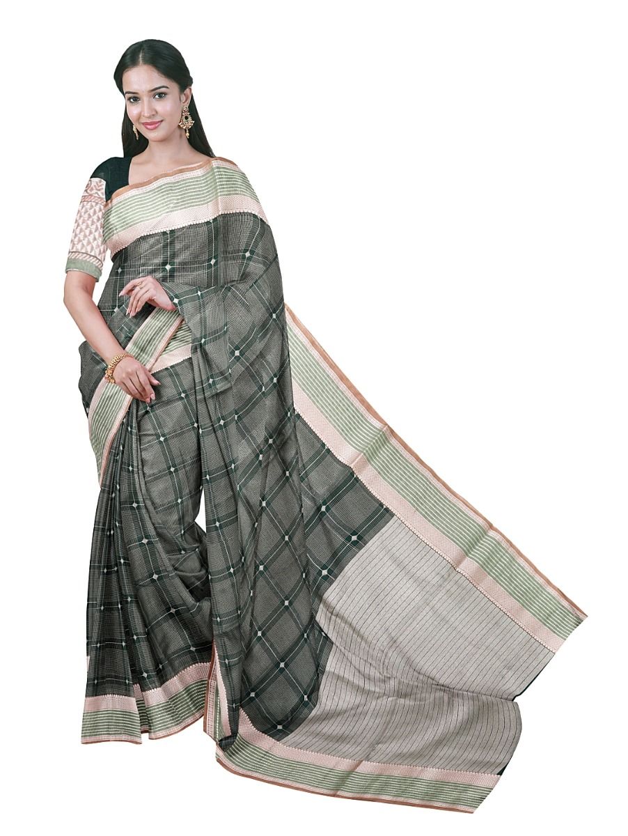 Gracecharm Kora Silk Cotton Bottle Green Diamond Butta Saree