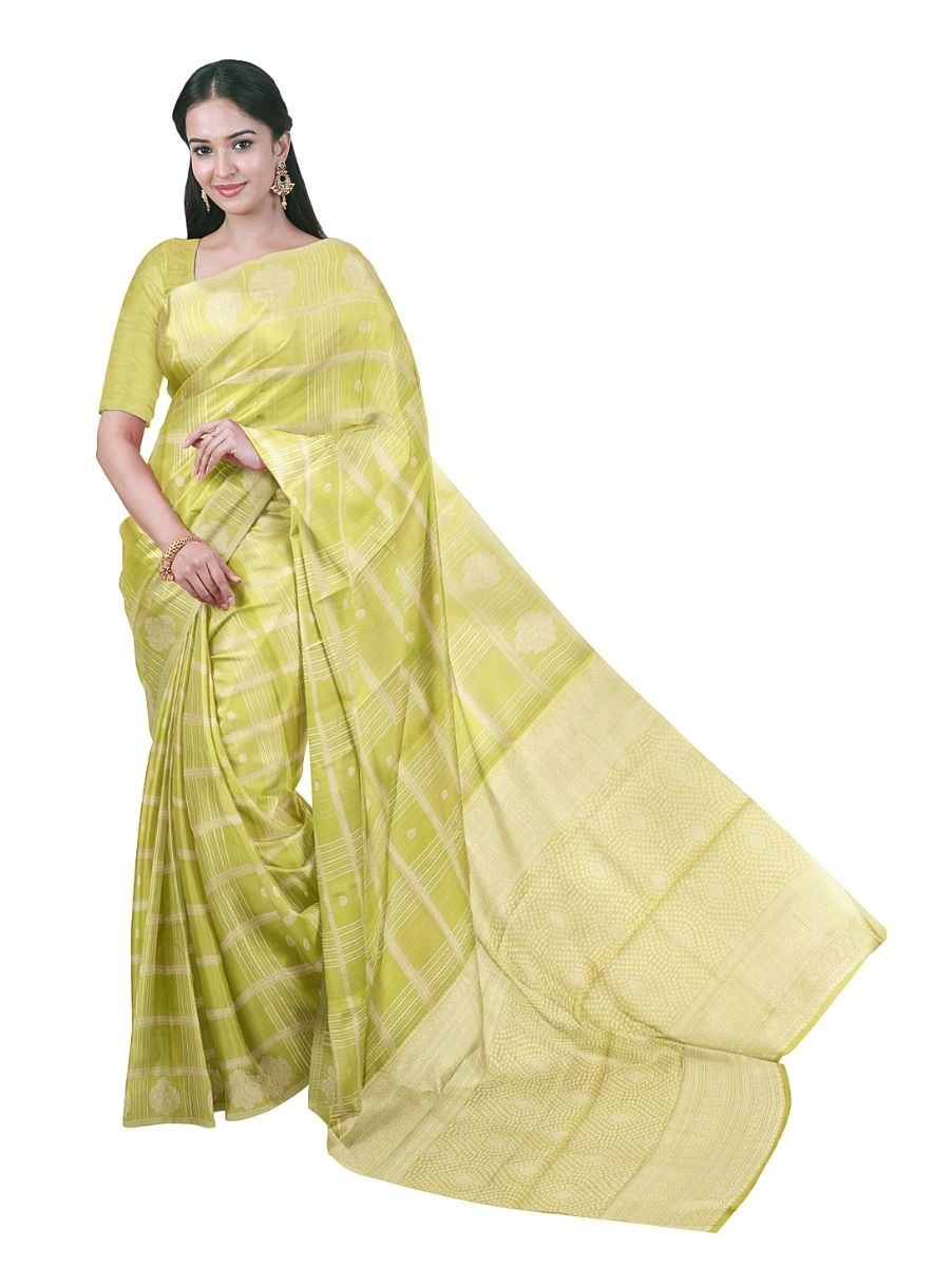 Gracecharm Kora Silk Cotton Lemon Yellow Checks Butta Saree