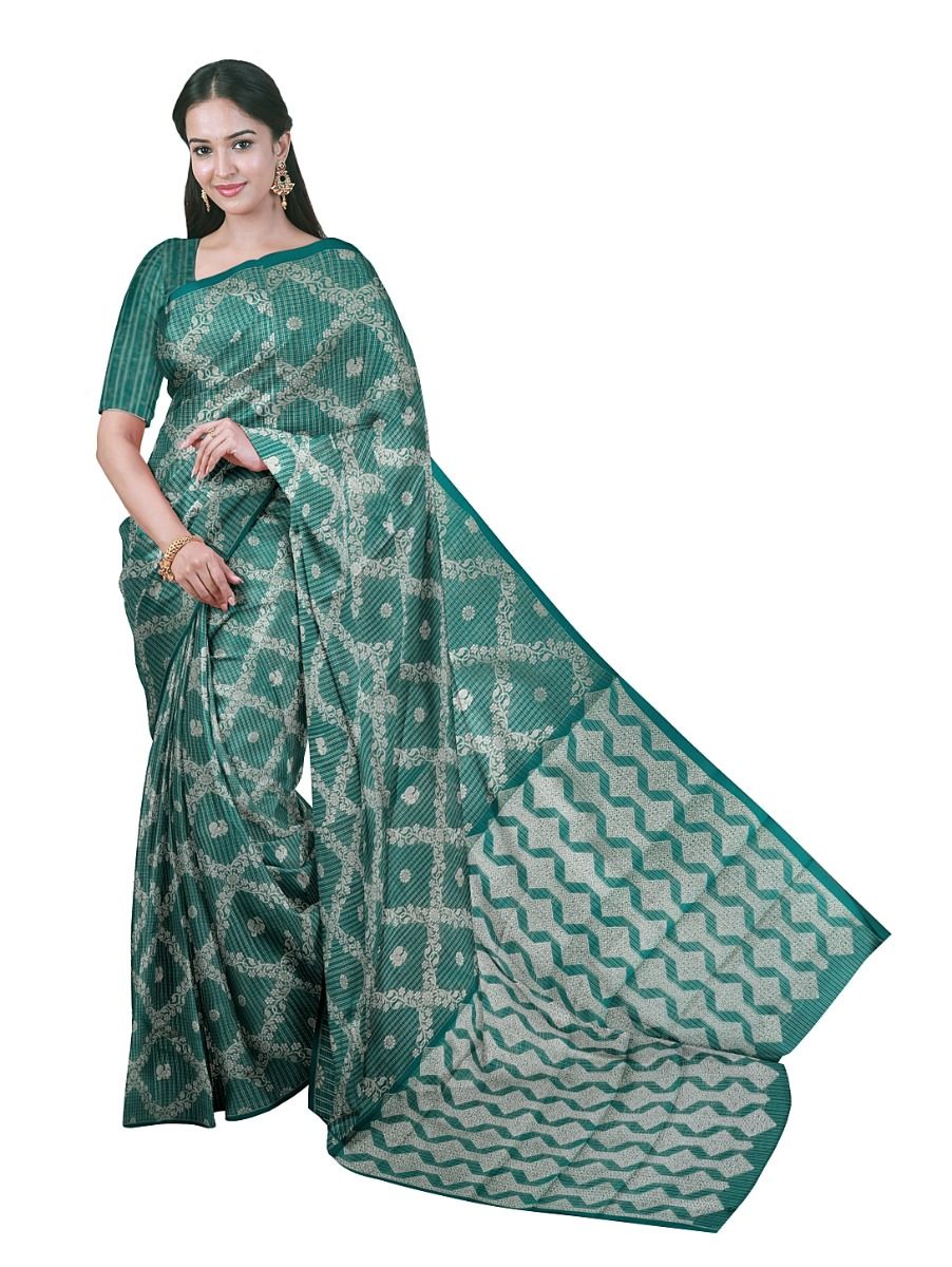 Gracecharm Kora Silk Cotton Teal Green Floral Diamond Saree