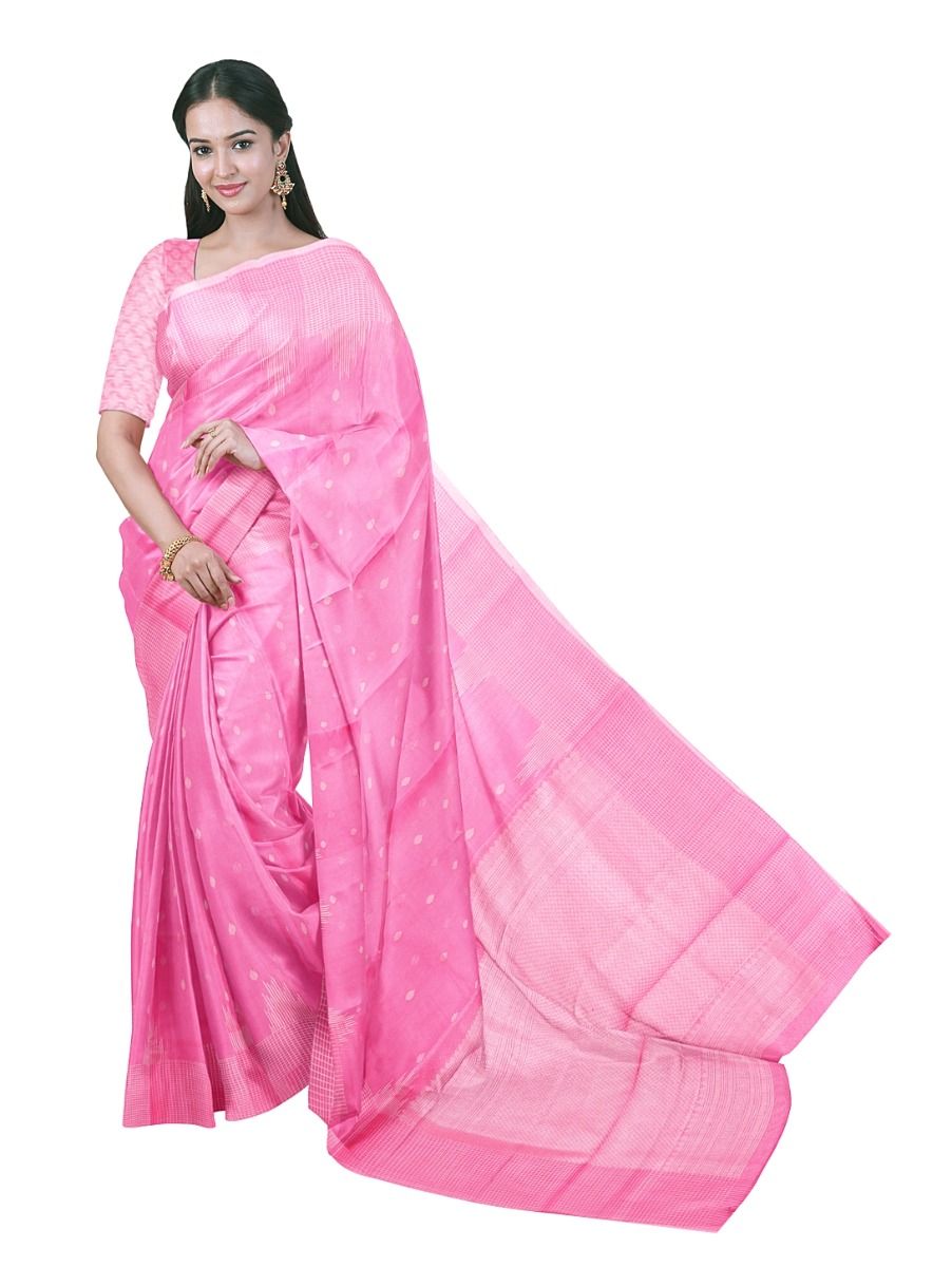 Gracecharm Kora Silk Cotton Candy Pink Butta Checked Border Saree