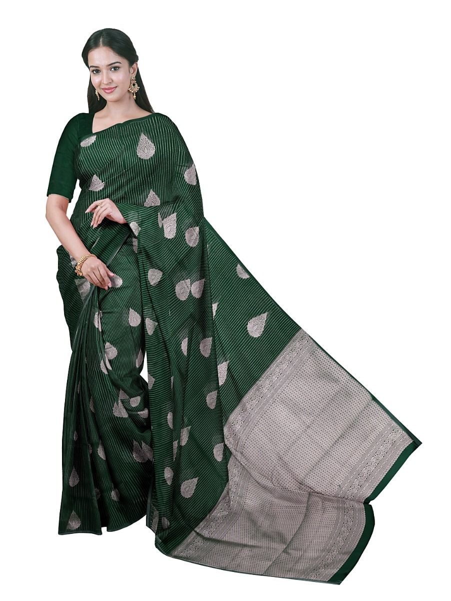 Gracecharm Kora Silk Cotton Bottle Green Paisley Butta Saree