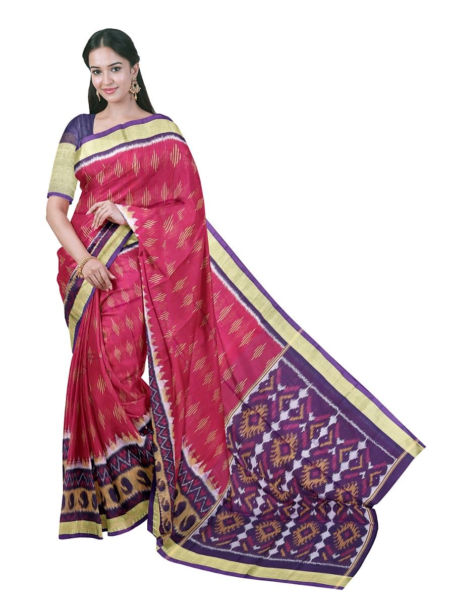 Gracecharm Pochampally Silk Cotton Ikat Diamond Butta Pallu Saree