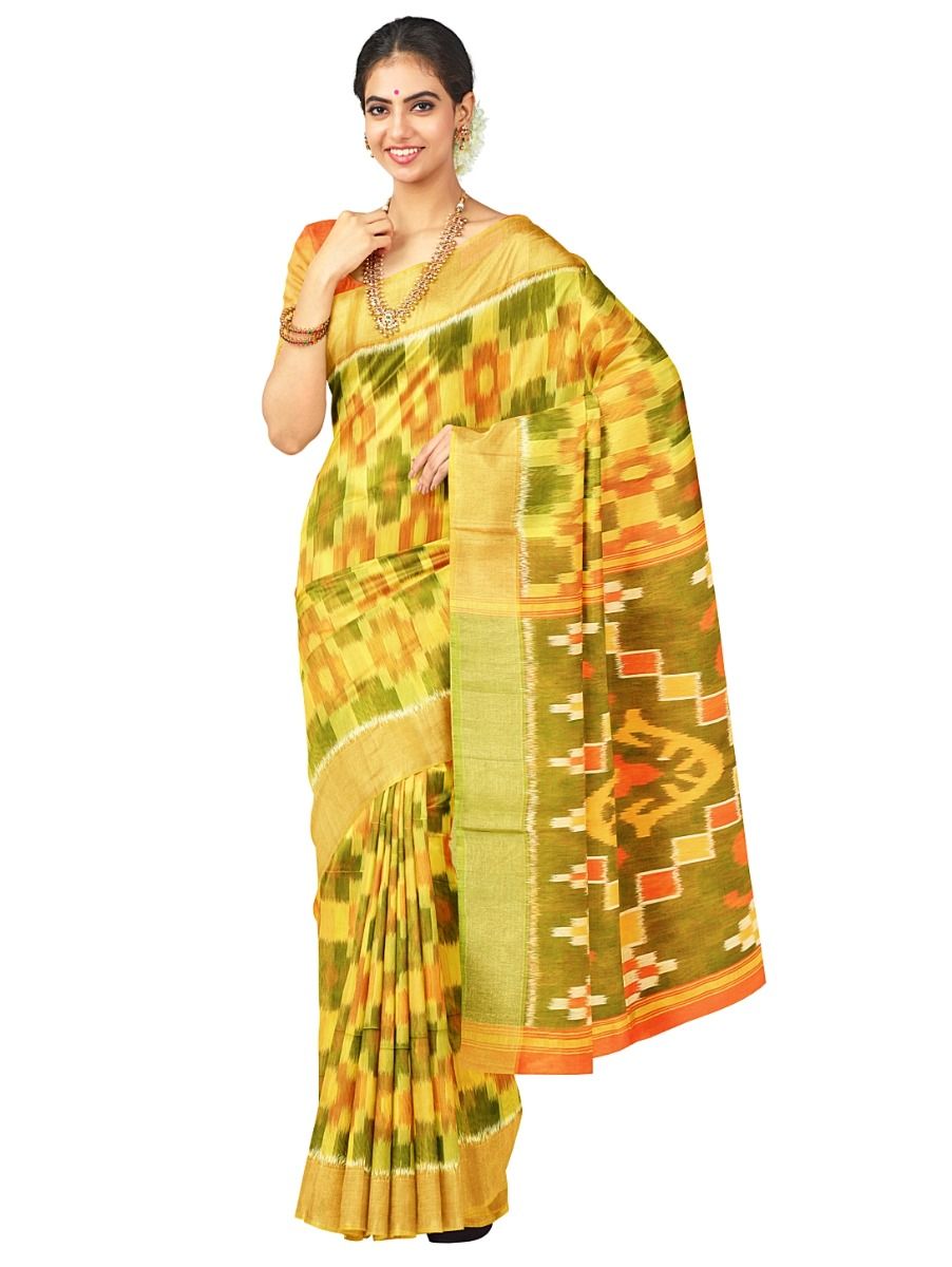 Gracecharm Pochampally Silk Cotton Ikat Geometric Pallu Saree