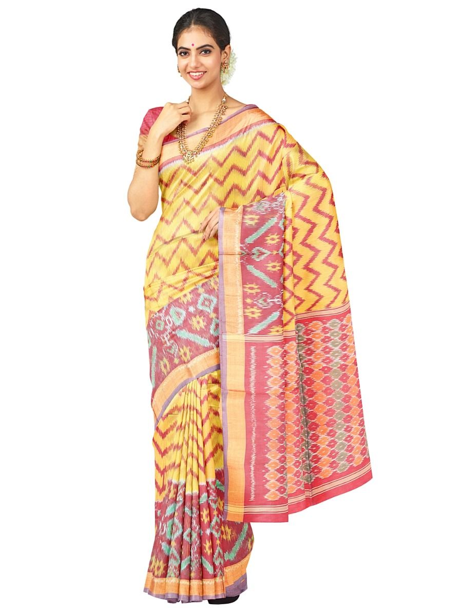 Gracecharm Pochampally Silk Cotton Chevron Ikat Diamond Pallu Saree