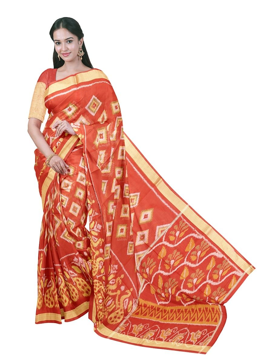 Gracecharm Pochampally Silk Cotton Diamond Butta Floral Vine Pallu Saree